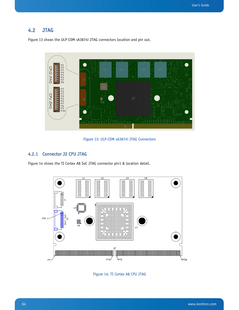Jtag, Connector j2 cpu jtag, Figure 13: ulp-com sa3874i jtag connectors | Figure 14: ti cortex a8 cpu jtag, 2 jtag | Kontron SMARC-sA3874i User Manual | Page 64 / 80