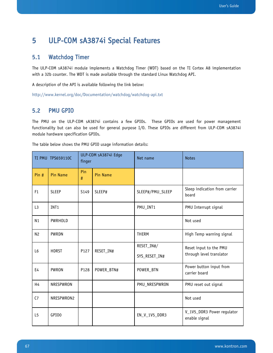 Ulp-com sa3874i special features, Watchdog timer, Pmu gpio | 1 watchdog timer, 2 pmu gpio | Kontron SMARC-sA3874i User Manual | Page 67 / 80