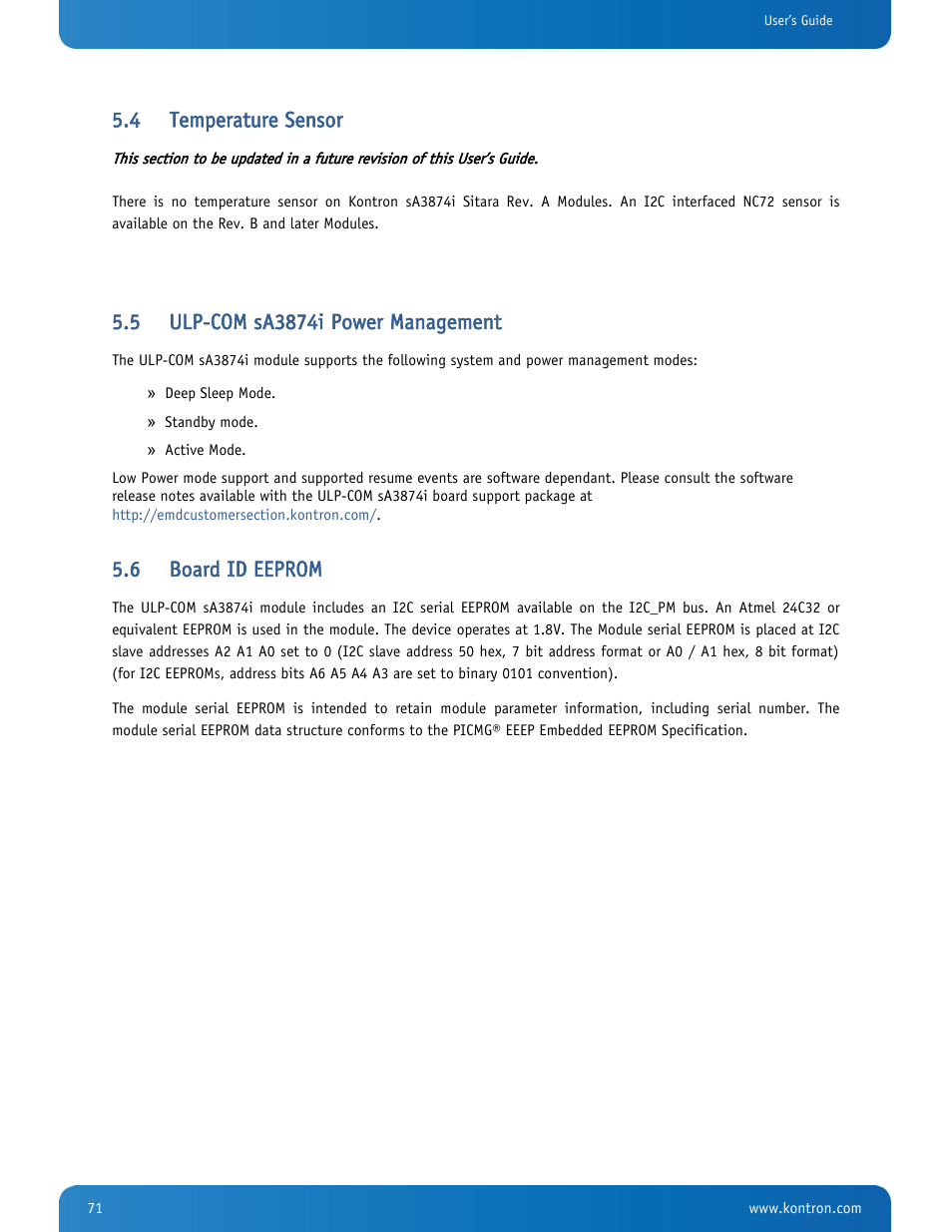 Temperature sensor, Ulp-com sa3874i power management, Board id eeprom | 4 temperature sensor, 6 board id eeprom | Kontron SMARC-sA3874i User Manual | Page 71 / 80
