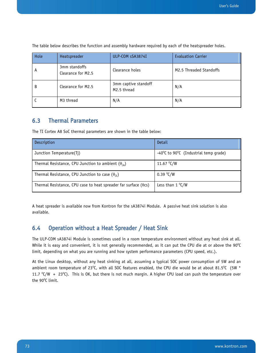 Thermal parameters, Operation without a heat spreader / heat sink, 3 thermal parameters | 4 operation without a heat spreader / heat sink | Kontron SMARC-sA3874i User Manual | Page 73 / 80