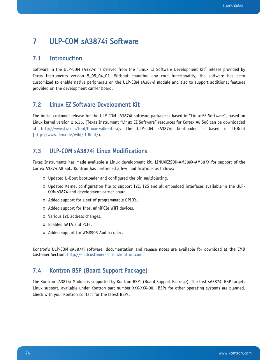 Ulp-com sa3874i software, Introduction, Linux ez software development kit | Ulp-com sa3874i linux modifications, Kontron bsp (board support package), 1 introduction, 2 linux ez software development kit, 4 kontron bsp (board support package) | Kontron SMARC-sA3874i User Manual | Page 74 / 80