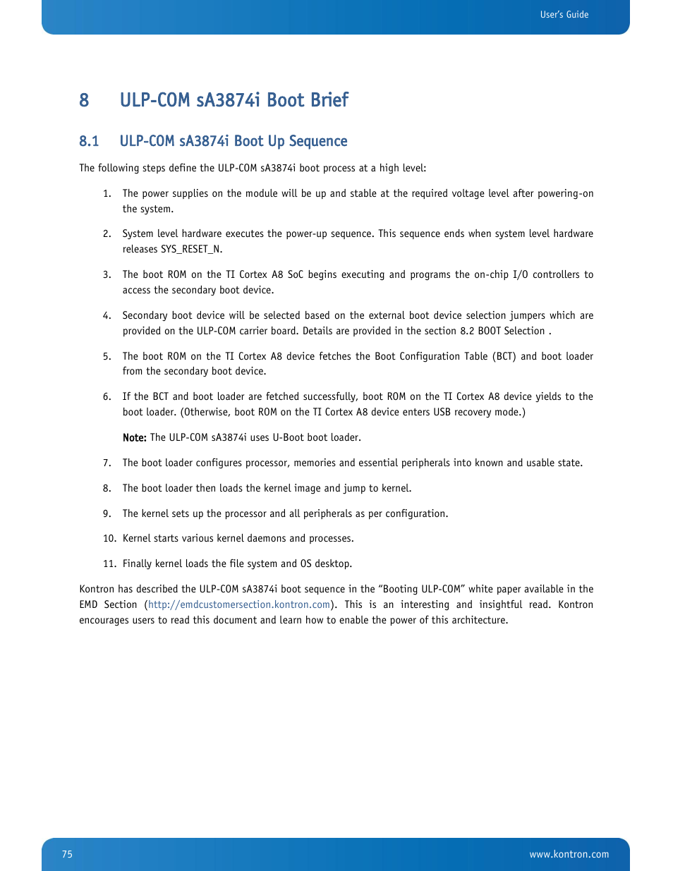 Ulp-com sa3874i boot brief, Ulp-com sa3874i boot up sequence | Kontron SMARC-sA3874i User Manual | Page 75 / 80