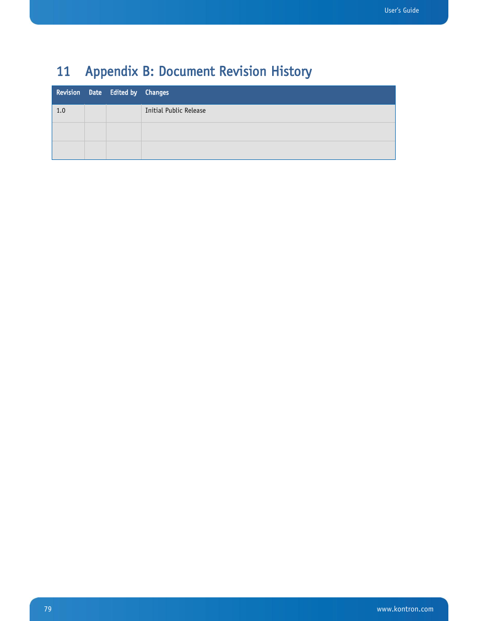 Appendix b: document revision history, 11 appendix b: document revision history | Kontron SMARC-sA3874i User Manual | Page 79 / 80
