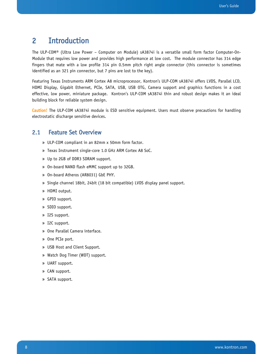 Introduction, Feature set overview, 2introduction | 1 feature set overview | Kontron SMARC-sA3874i User Manual | Page 8 / 80