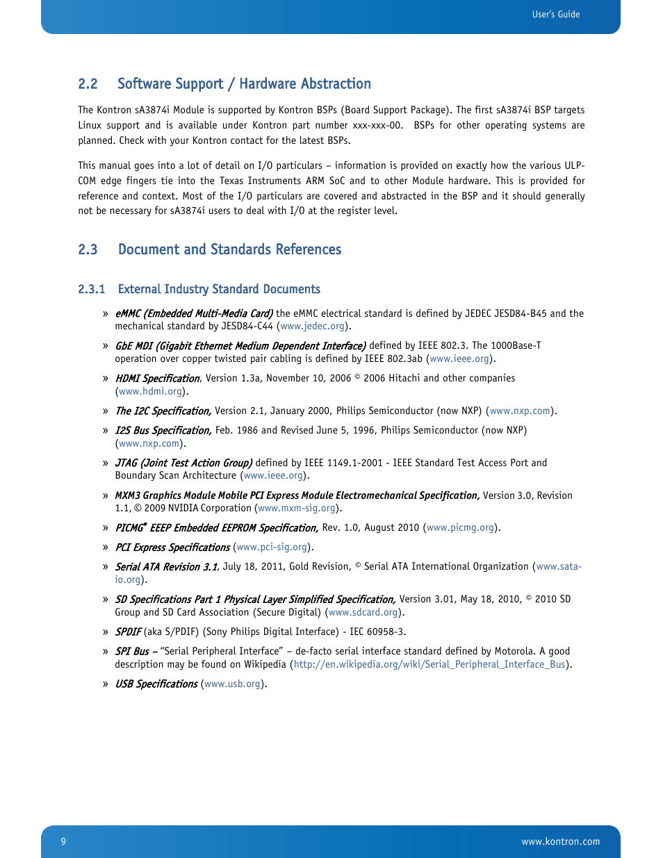 Software support / hardware abstraction, Document and standards references, External industry standard documents | 2 software support / hardware abstraction, 3 document and standards references | Kontron SMARC-sA3874i User Manual | Page 9 / 80