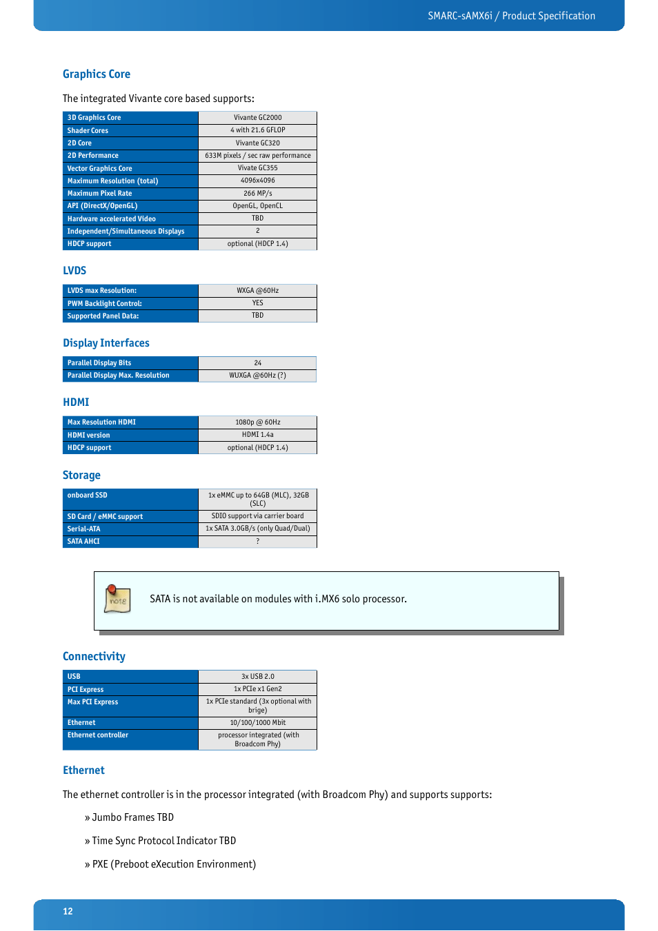 Graphics core, Lvds, Display interfaces | Hdmi, Storage, Connectivity, Ethernet, Smarc-samx6i / product specification, The integrated vivante core based supports | Kontron SMARC-sAMX6i User Manual | Page 12 / 38