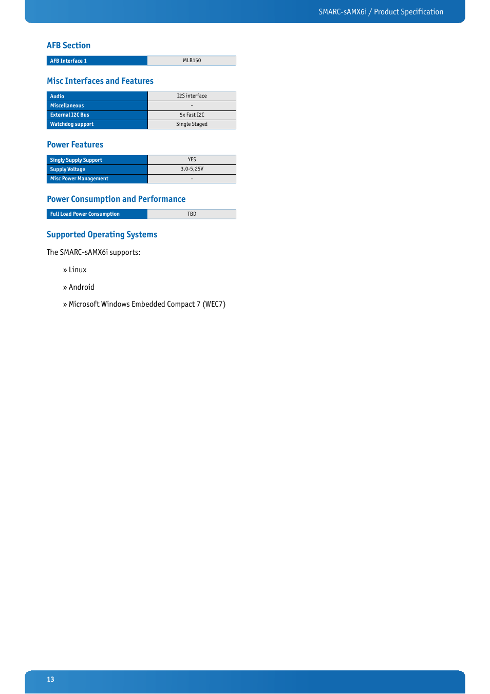 Afb section, Misc interfaces and features, Power features | Power consumption and performance, Supported operating systems | Kontron SMARC-sAMX6i User Manual | Page 13 / 38