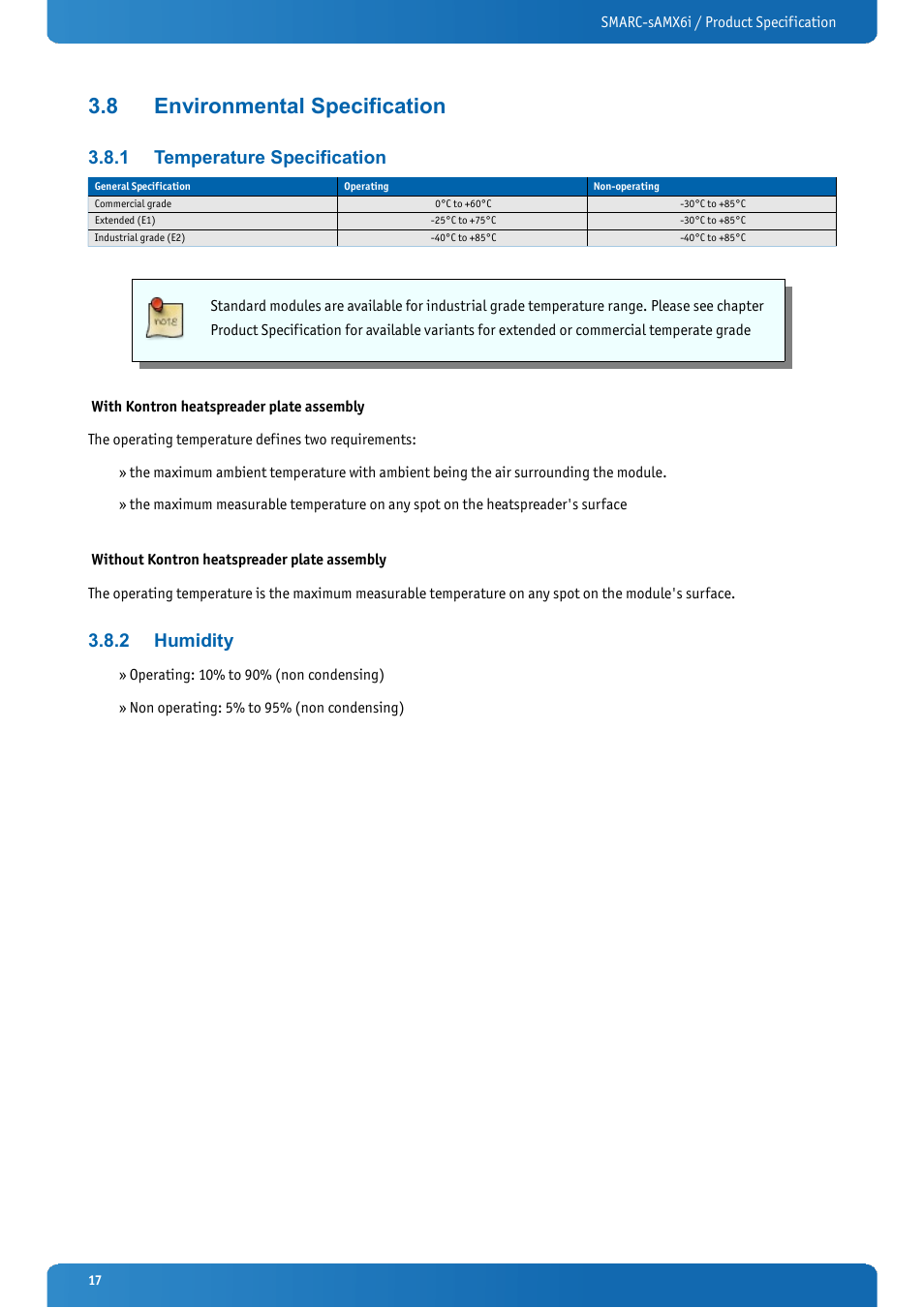 8 environmental specification, 1 temperature specification, 2 humidity | Environmental specification, Temperature specification, Humidity | Kontron SMARC-sAMX6i User Manual | Page 17 / 38