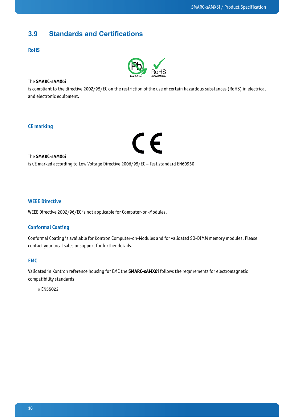 9 standards and certifications, Rohs, Ce marking | Weee directive, Conformal coating, Standards and certifications | Kontron SMARC-sAMX6i User Manual | Page 18 / 38