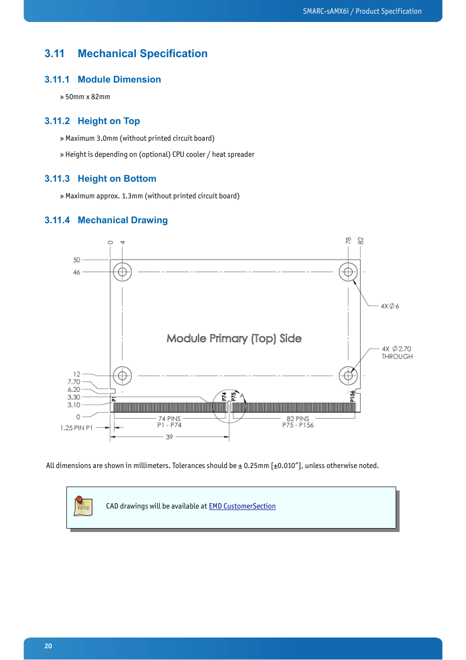 11 mechanical specification, 1 module dimension, 2 height on top | 3 height on bottom, 4 mechanical drawing, Mechanical specification, Module dimension, Height on top, Height on bottom, Mechanical drawing | Kontron SMARC-sAMX6i User Manual | Page 20 / 38