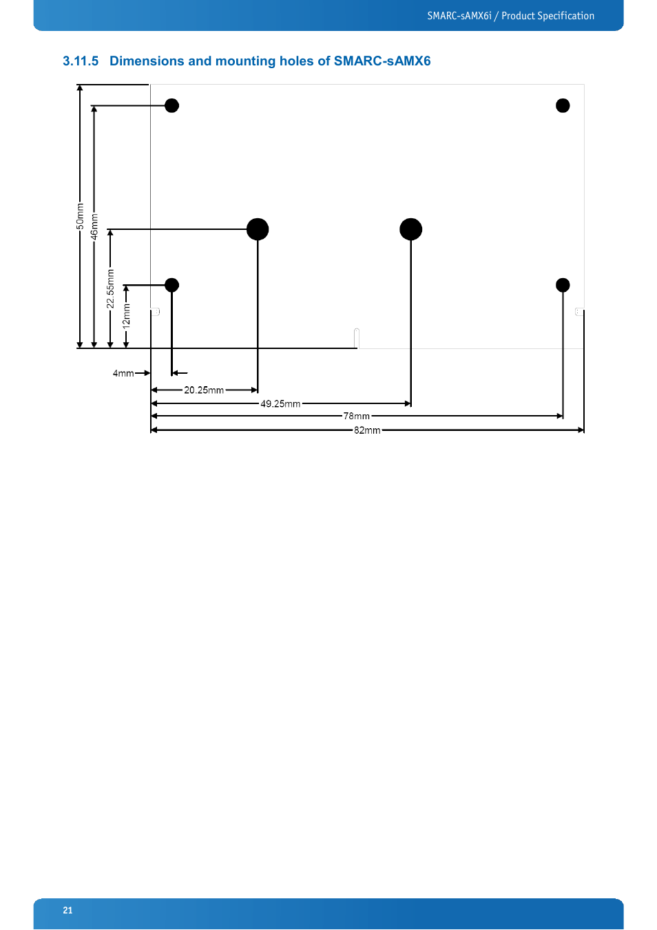 5 dimensions and mounting holes of smarc-samx6, Dimensions and mounting holes of smarc-samx6 | Kontron SMARC-sAMX6i User Manual | Page 21 / 38