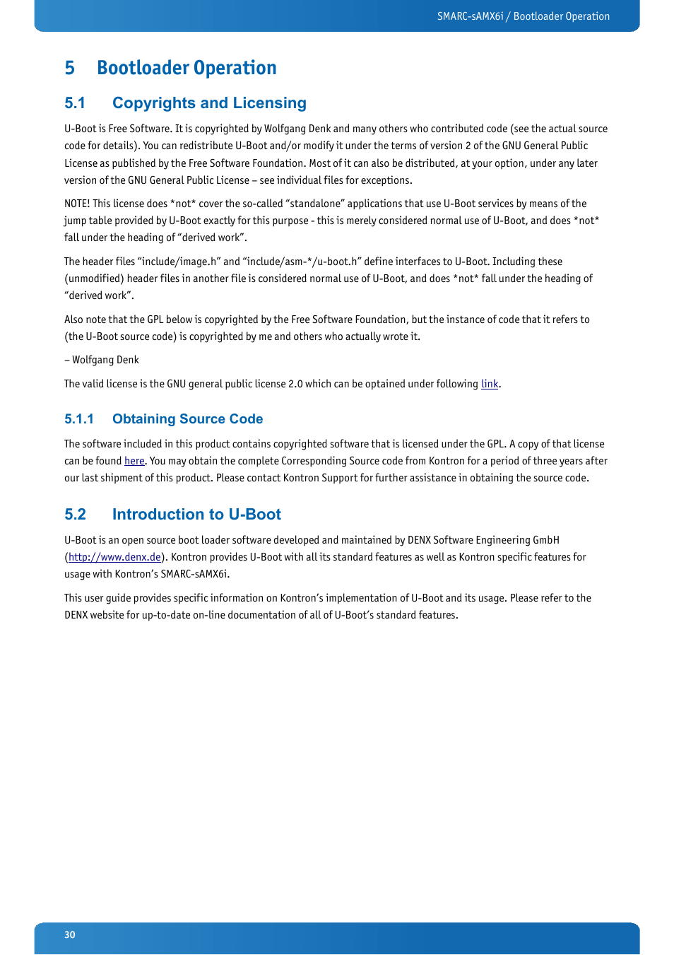 5 bootloader operation, 1 copyrights and licensing, 1 obtaining source code | 2 introduction to u-boot, Bootloader operation, Copyrights and licensing, Obtaining source code, Introduction to u-boot | Kontron SMARC-sAMX6i User Manual | Page 30 / 38