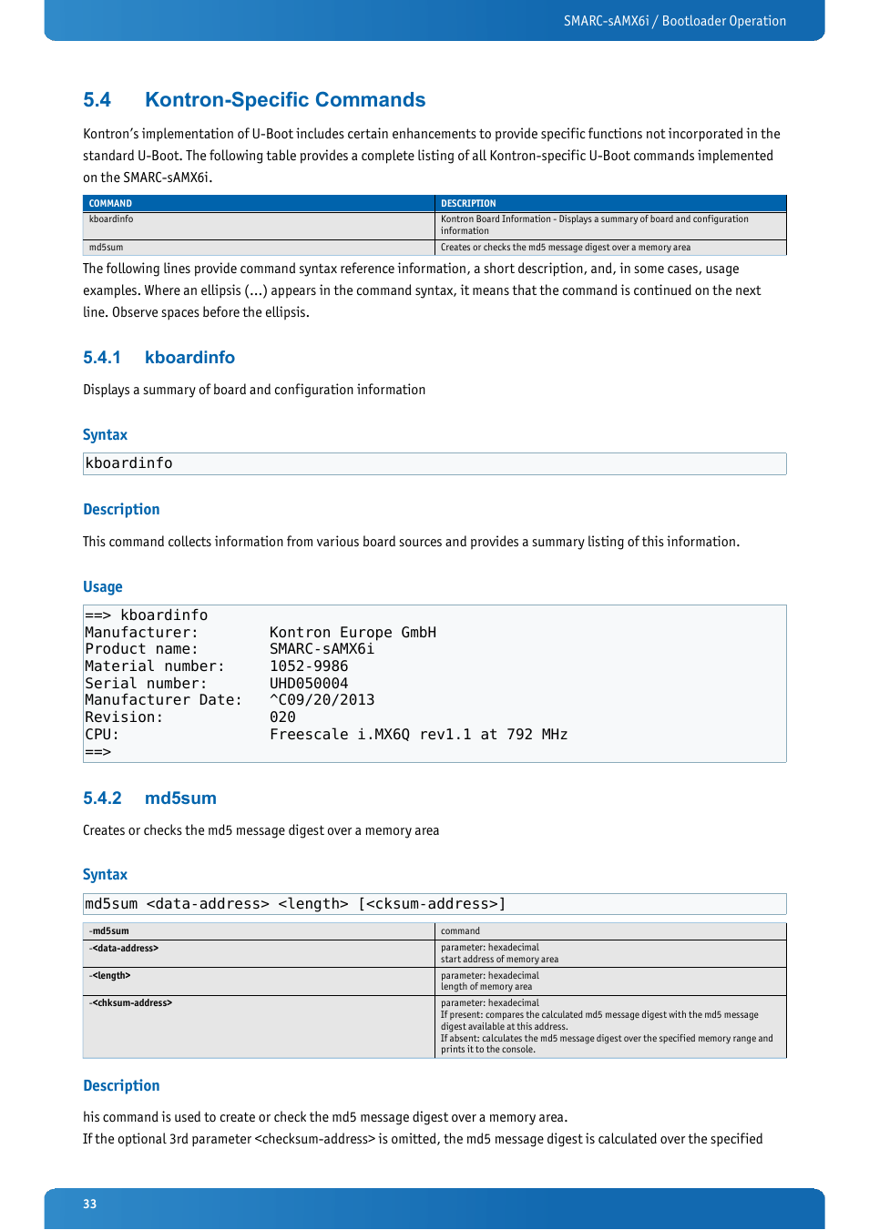 4 kontron-specific commands, 1 kboardinfo, Syntax | Description, Usage, 2 md5sum, Kontron-specific commands, Kboardinfo, Md5sum | Kontron SMARC-sAMX6i User Manual | Page 33 / 38