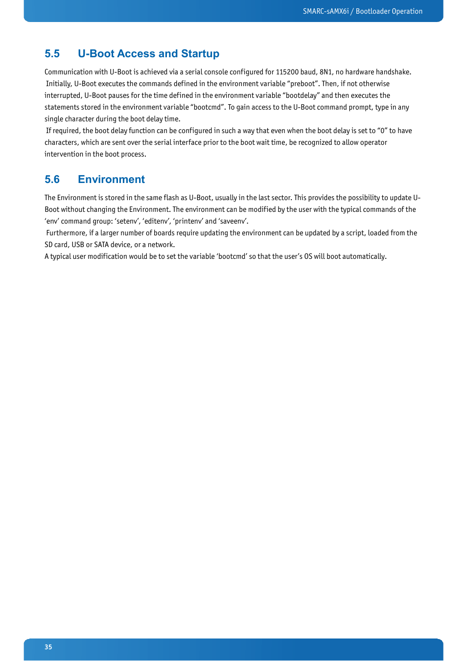 5 u-boot access and startup, 6 environment, U-boot access and startup | Environment | Kontron SMARC-sAMX6i User Manual | Page 35 / 38
