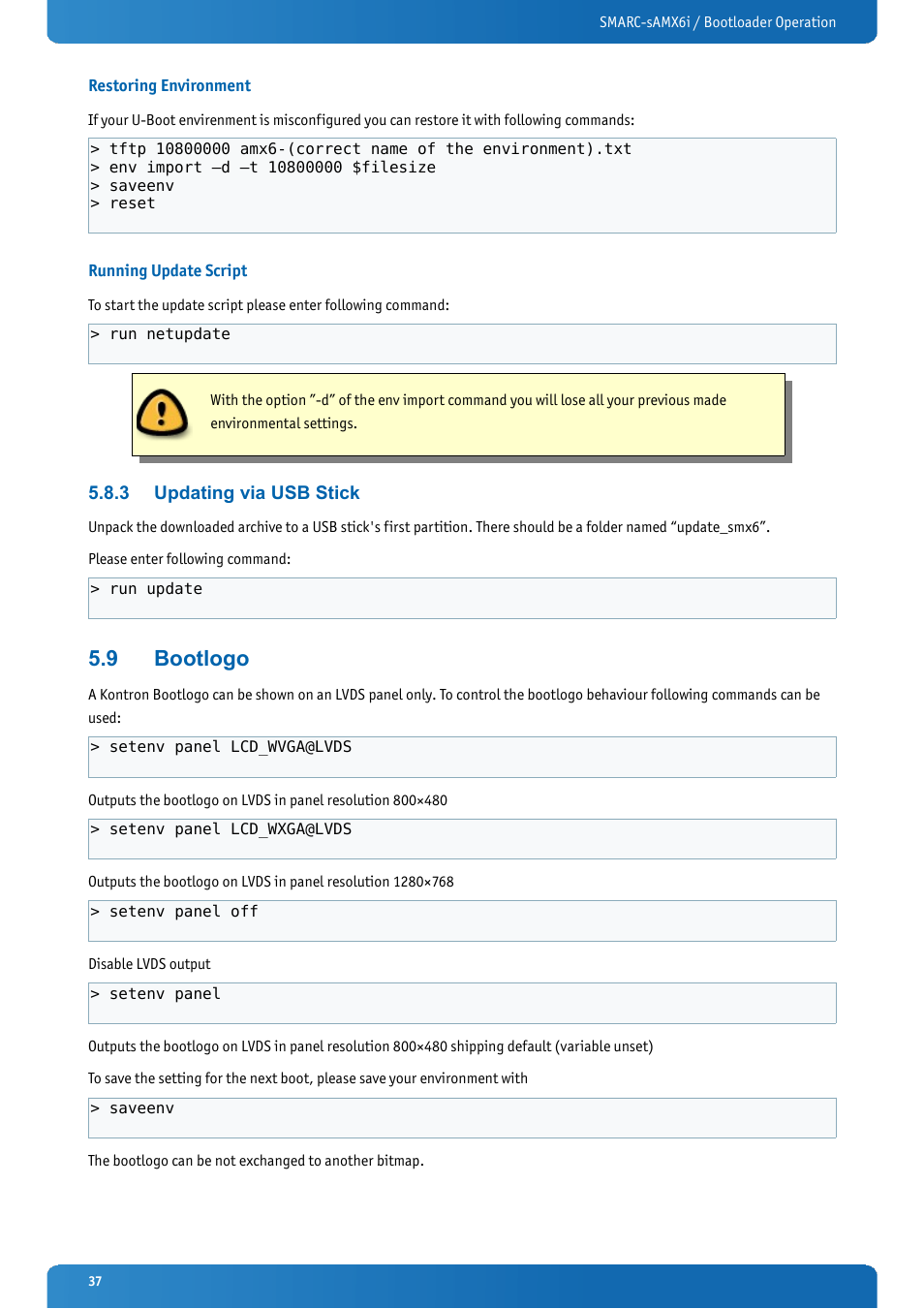 Restoring environment, Running update script, 3 updating via usb stick | 9 bootlogo, Updating via usb stick, Bootlogo | Kontron SMARC-sAMX6i User Manual | Page 37 / 38