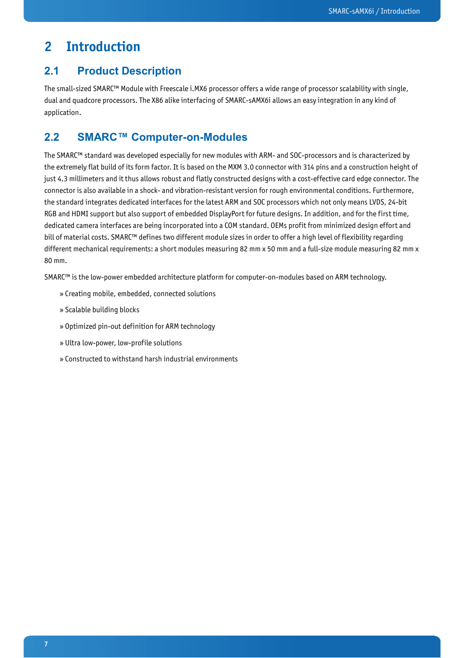 2 introduction, 1 product description, 2 smarc™ computer-on-modules | Introduction, Product description, Smarc™ computer-on-modules | Kontron SMARC-sAMX6i User Manual | Page 7 / 38