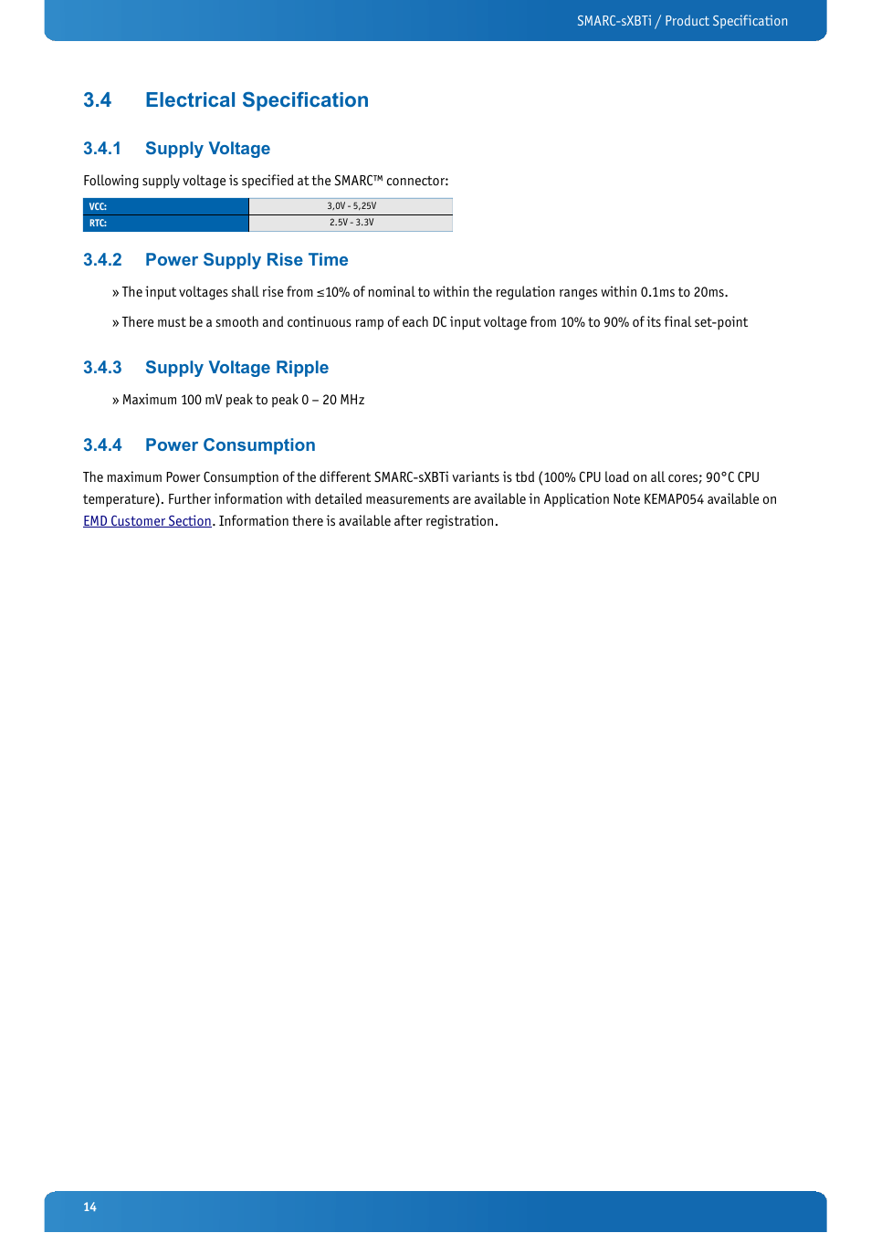 4 electrical specification, 1 supply voltage, 2 power supply rise time | 3 supply voltage ripple, 4 power consumption, Electrical specification, Supply voltage, Power supply rise time, Supply voltage ripple, Power consumption | Kontron SMARC-sXBTi User Manual | Page 14 / 36