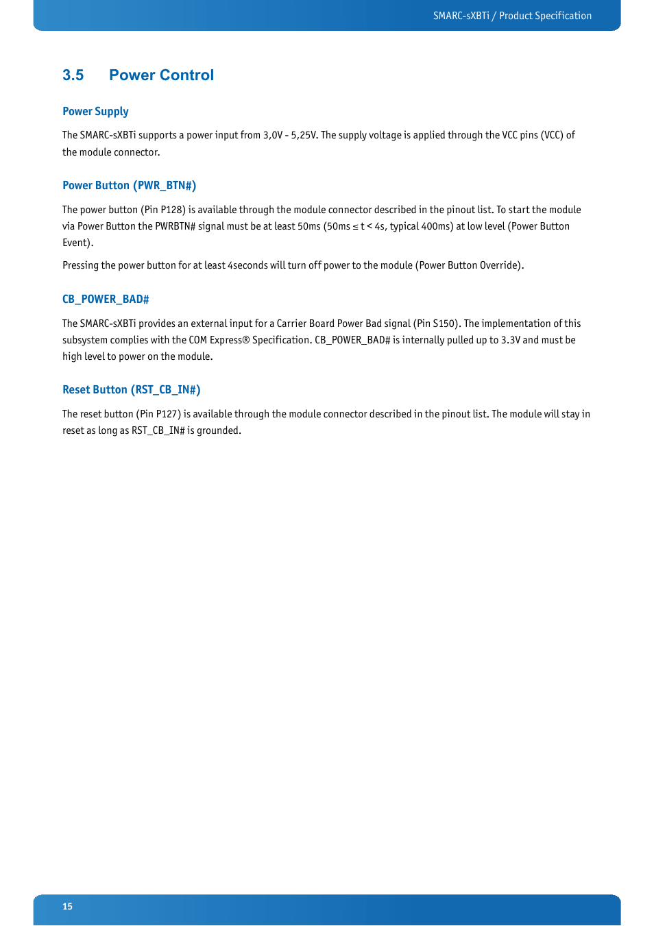 5 power control, Power supply, Power button (pwr_btn#) | Cb_power_bad, Reset button (rst_cb_in#), Power control | Kontron SMARC-sXBTi User Manual | Page 15 / 36