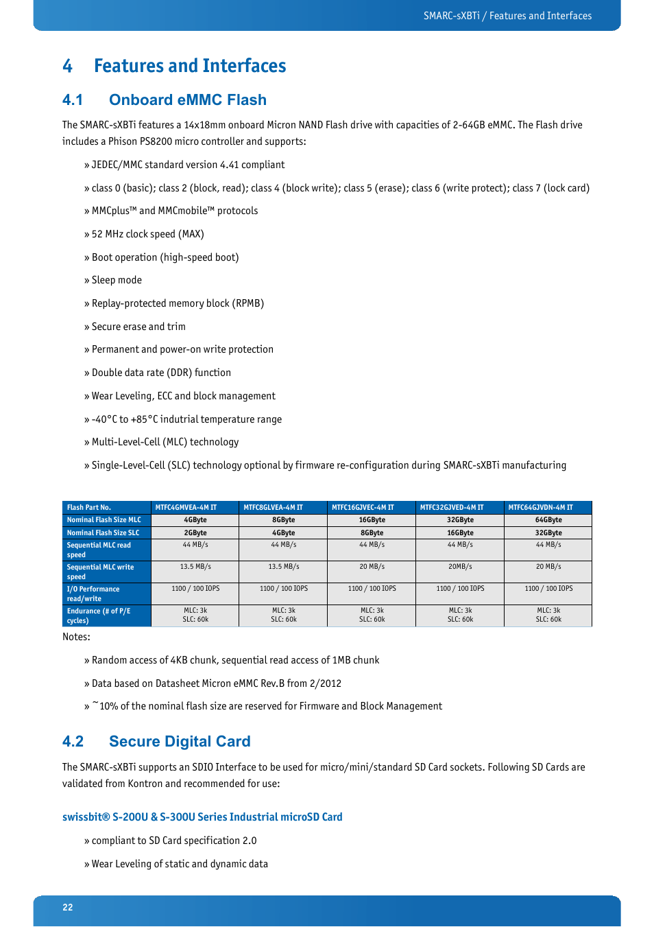 4 features and interfaces, 1 onboard emmc flash, 2 secure digital card | Features and interfaces, Onboard emmc flash, Secure digital card | Kontron SMARC-sXBTi User Manual | Page 22 / 36