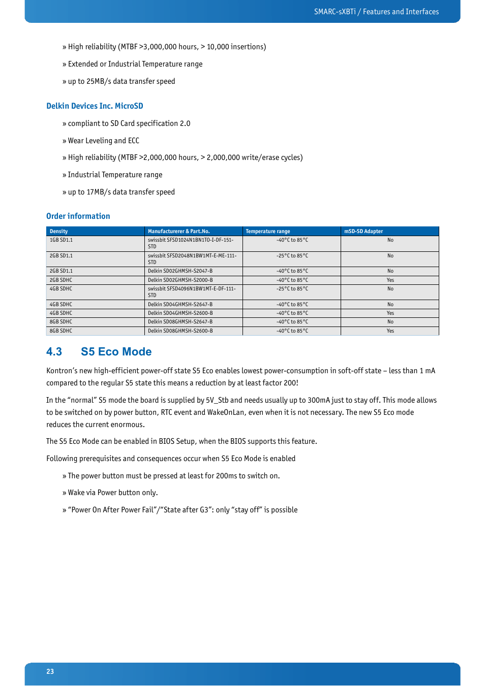 Delkin devices inc. microsd, Order information, 3 s5 eco mode | S5 eco mode | Kontron SMARC-sXBTi User Manual | Page 23 / 36