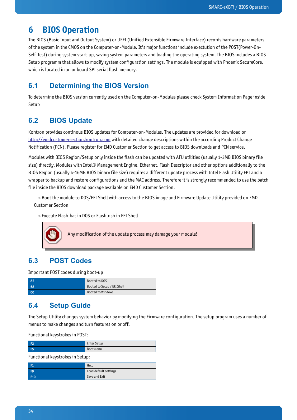 6 bios operation, 1 determining the bios version, 2 bios update | 3 post codes, 4 setup guide, Bios operation, Determining the bios version, Bios update, Post codes, Setup guide | Kontron SMARC-sXBTi User Manual | Page 34 / 36