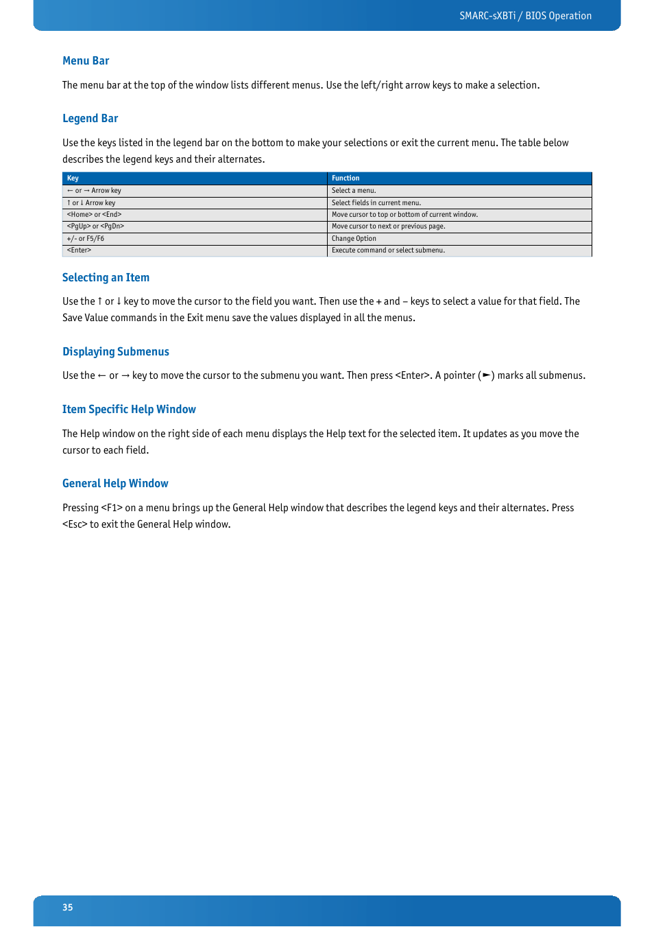 Menu bar, Legend bar, Selecting an item | Displaying submenus, Item specific help window, General help window | Kontron SMARC-sXBTi User Manual | Page 35 / 36