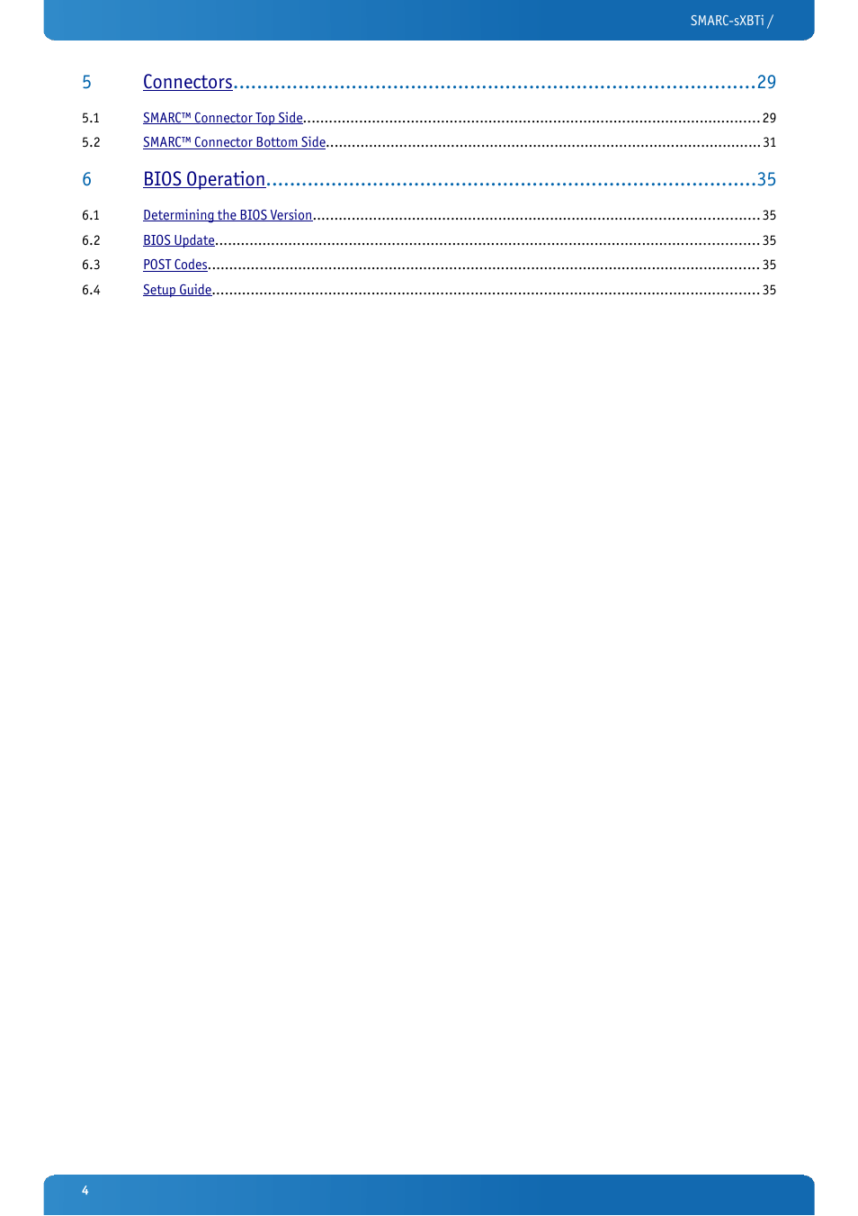 5connectors, 6bios operation | Kontron SMARC-sXBTi User Manual | Page 4 / 36