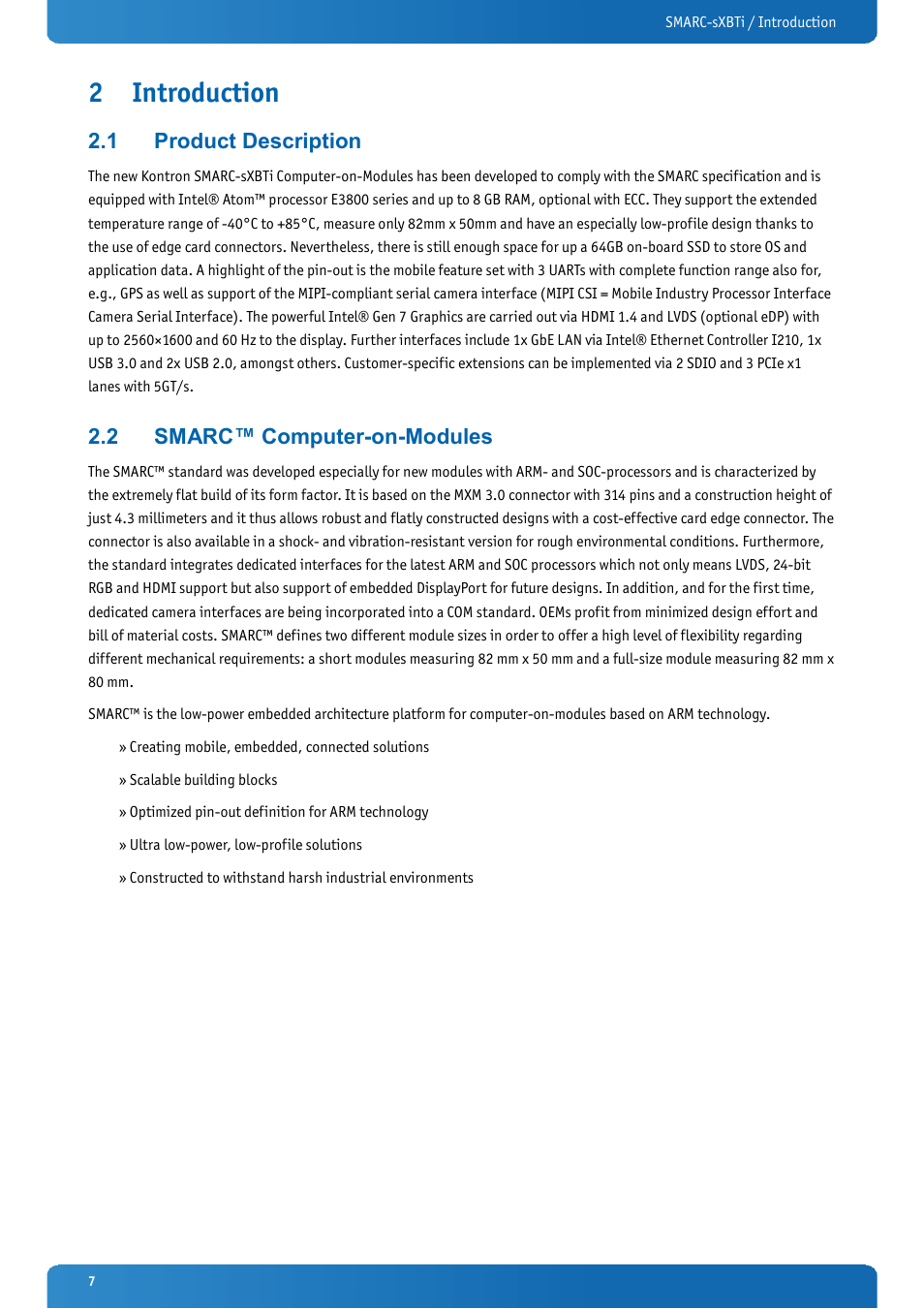 2 introduction, 1 product description, 2 smarc™ computer-on-modules | Introduction, Product description, Smarc™ computer-on-modules | Kontron SMARC-sXBTi User Manual | Page 7 / 36