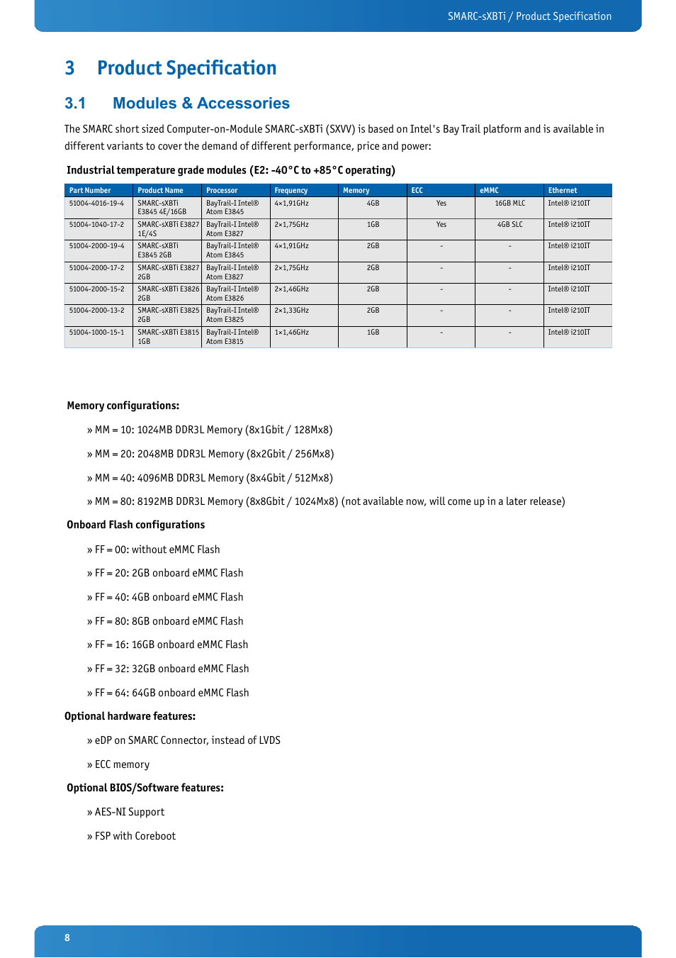 3 product specification, 1 modules & accessories, Product specification | Modules & accessories | Kontron SMARC-sXBTi User Manual | Page 8 / 36