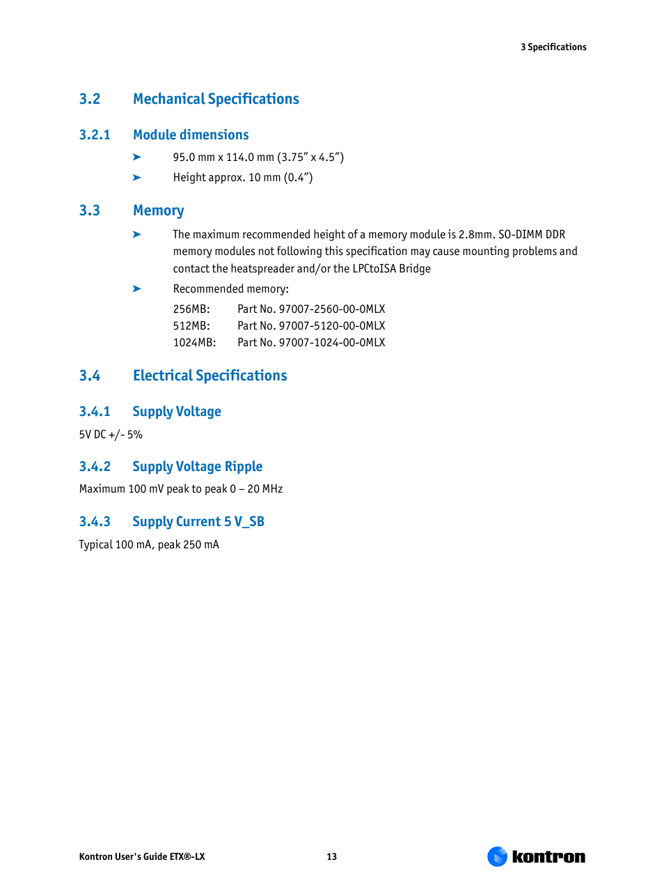 Mechanical specifications, 1 module dimensions 3.3, Memory | Electrical specifications, 2 mechanical specifications, 4 electrical specifications | Kontron ETX-LX User Manual | Page 13 / 71