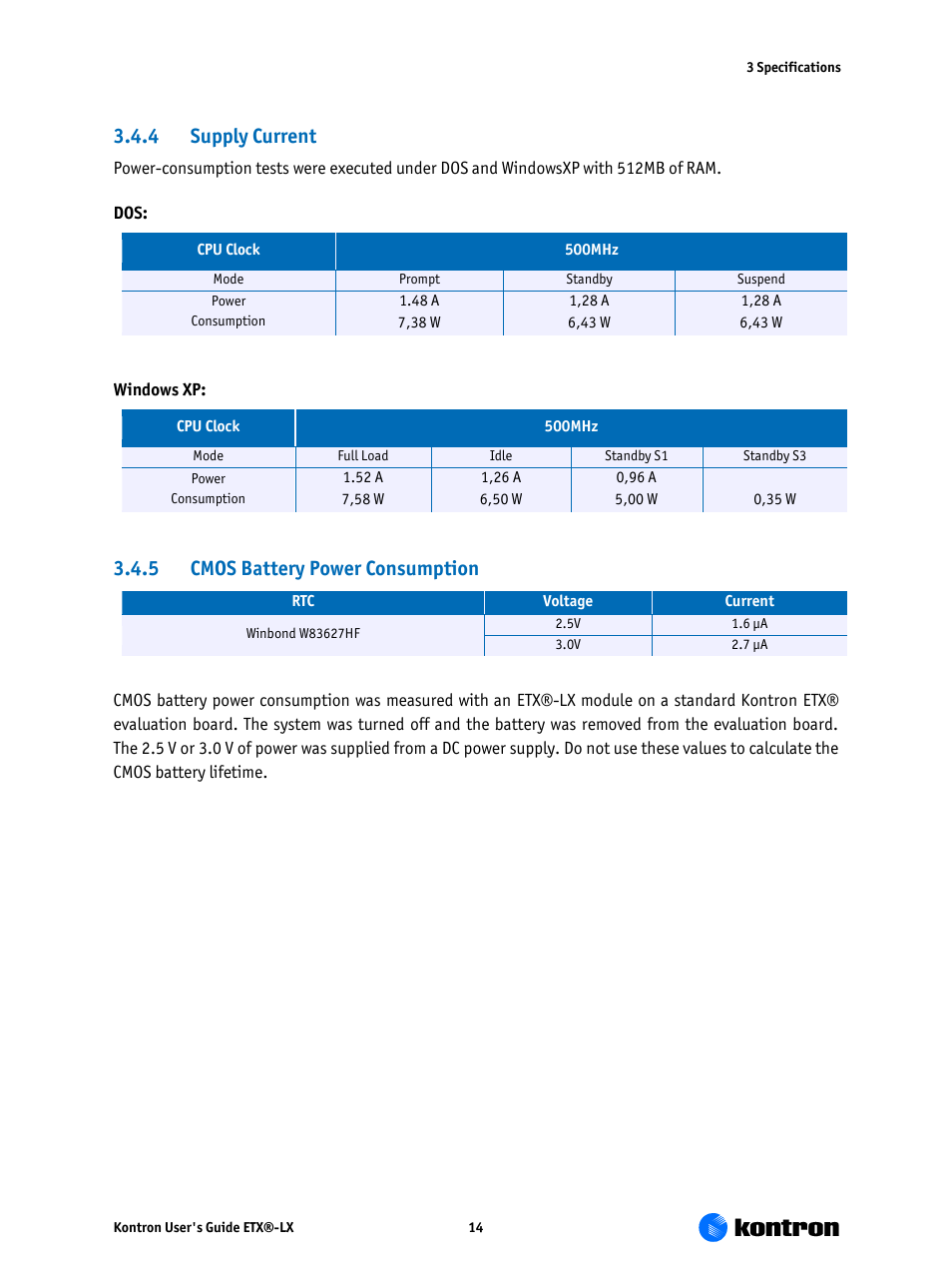 5 cmos battery power consumption 3.5, Environmental specifications, 4 supply current | 5 cmos battery power consumption | Kontron ETX-LX User Manual | Page 14 / 71