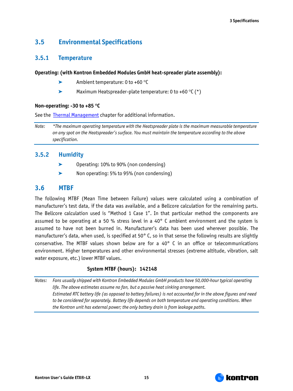 1 temperature 3.5.2 humidity 3.6, Mtbf, 5 environmental specifications | 6 mtbf | Kontron ETX-LX User Manual | Page 15 / 71
