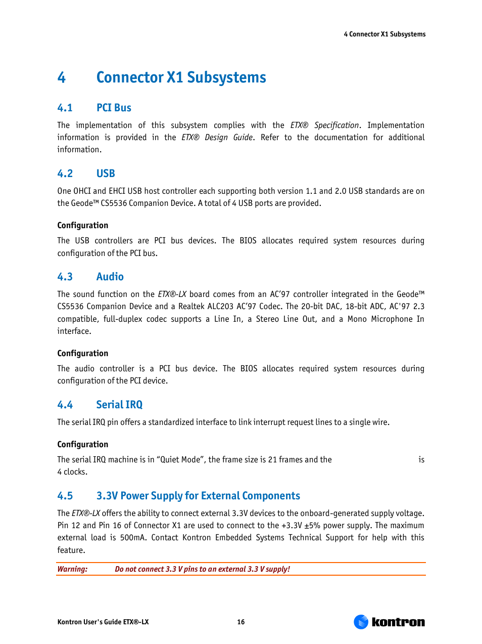Connector x1 subsystems, Pci bus, Audio | Serial irq, 3v power supply for external components, 4connector x1 subsystems | Kontron ETX-LX User Manual | Page 16 / 71
