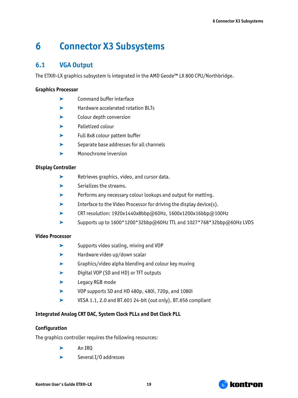 Connector x3 subsystems, Vga output, 6connector x3 subsystems | 1 vga output | Kontron ETX-LX User Manual | Page 19 / 71
