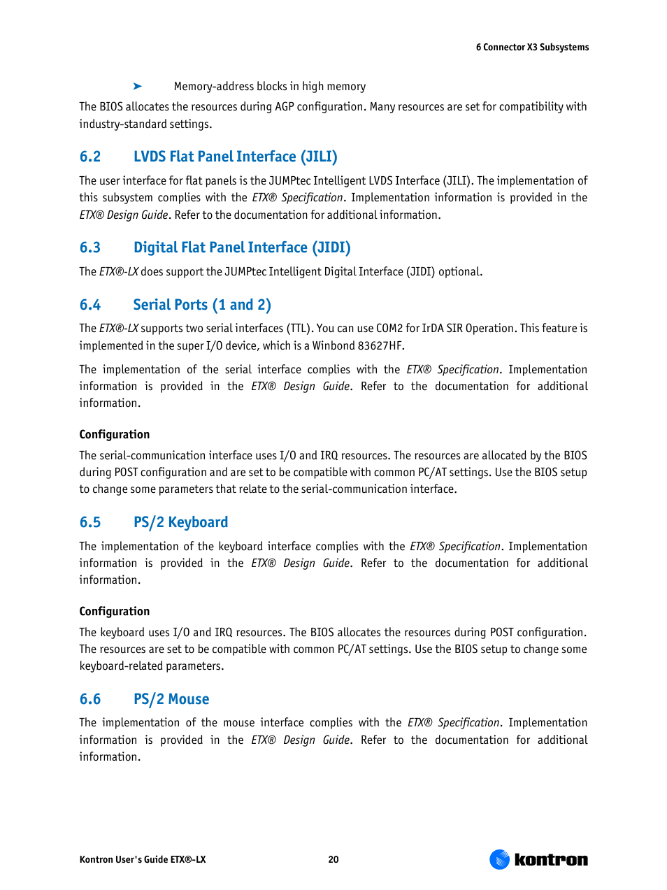 Lvds flat panel interface (jili), Digital flat panel interface (jidi), Serial ports (1 and 2) | Ps/2 keyboard, Ps/2 mouse, 2 lvds flat panel interface (jili), 3 digital flat panel interface (jidi), 4 serial ports (1 and 2), 5 ps/2 keyboard, 6 ps/2 mouse | Kontron ETX-LX User Manual | Page 20 / 71