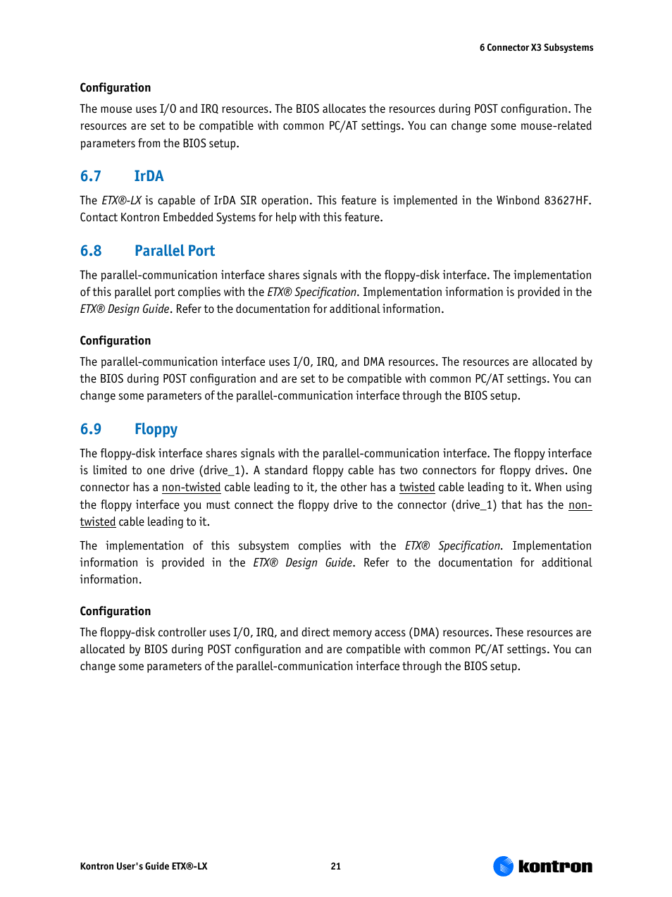 Irda, Parallel port, Floppy | 7 irda, 8 parallel port, 9 floppy | Kontron ETX-LX User Manual | Page 21 / 71