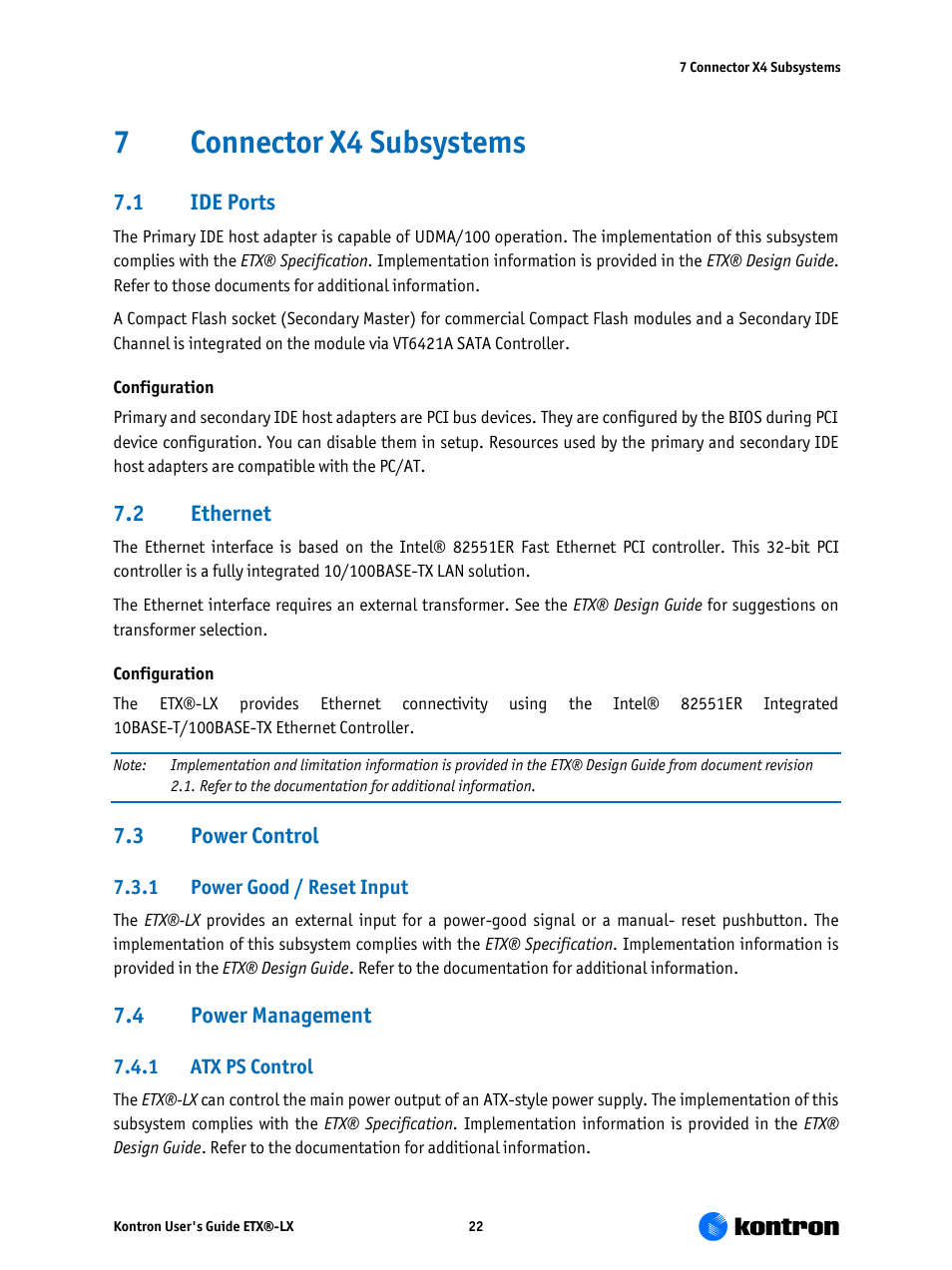 Connector x4 subsystems, Ide ports, Ethernet | Power control, 1 power good / reset input 7.4, Power management, 1 atx ps control, 7connector x4 subsystems | Kontron ETX-LX User Manual | Page 22 / 71