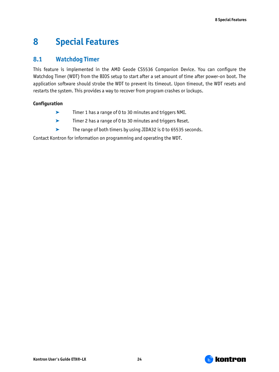 Special features, Watchdog timer, 8special features | 1 watchdog timer | Kontron ETX-LX User Manual | Page 24 / 71
