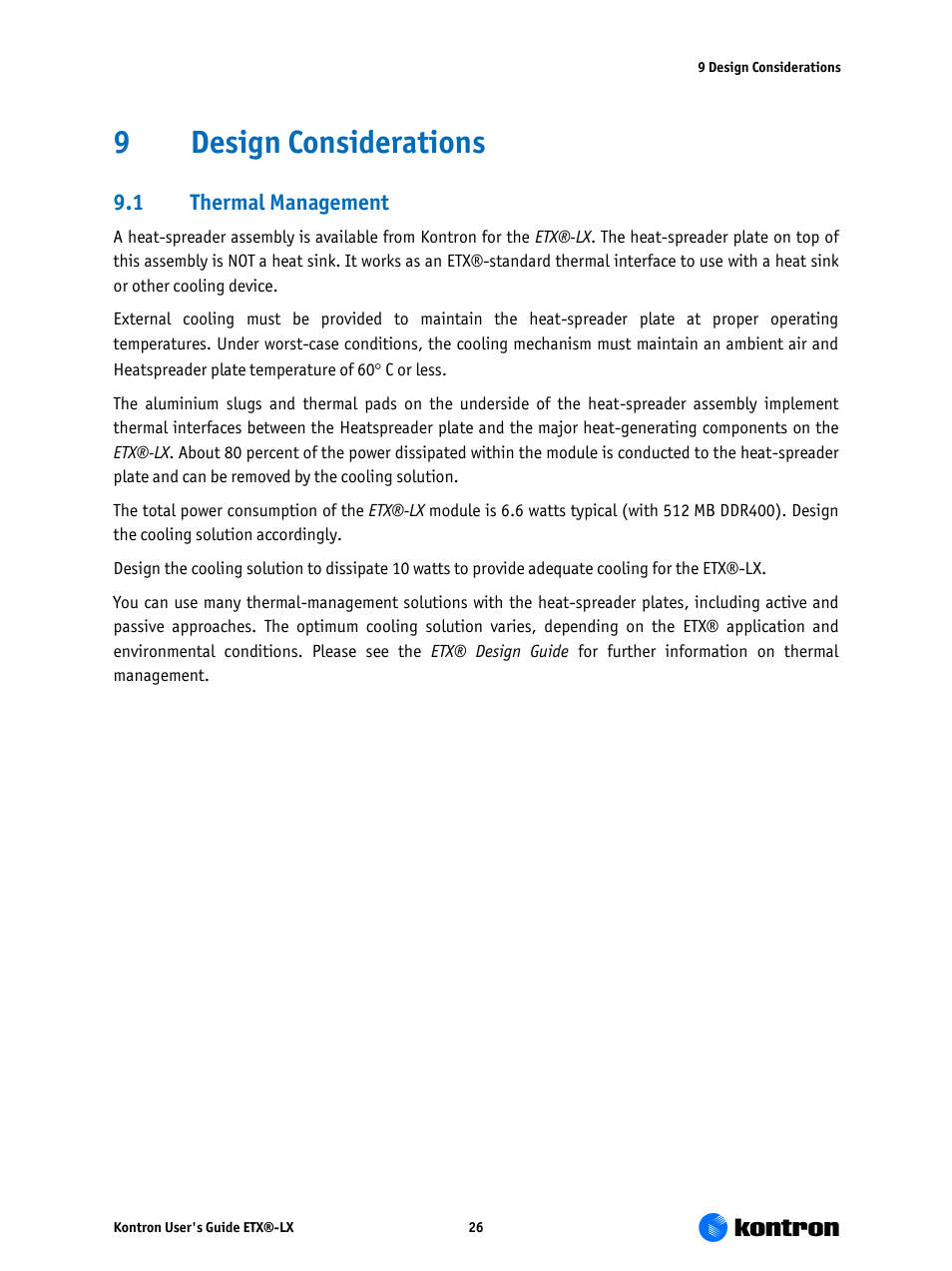 Design considerations, Thermal management, 9design considerations | Kontron ETX-LX User Manual | Page 26 / 71