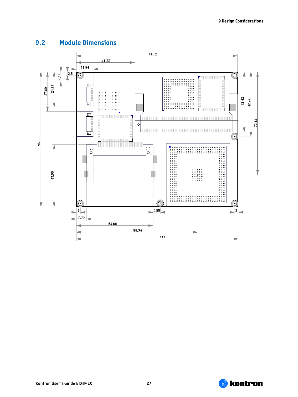 Module dimensions, 2 module dimensions | Kontron ETX-LX User Manual | Page 27 / 71