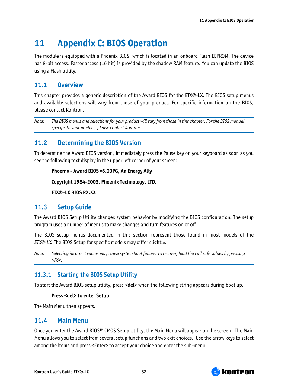 Appendix c: bios operation, Overview, Determining the bios version | Setup guide, 1 starting the bios setup utility 11.4, Main menu, 11 appendix c: bios operation, 1 overview, 2 determining the bios version, 3 setup guide | Kontron ETX-LX User Manual | Page 32 / 71