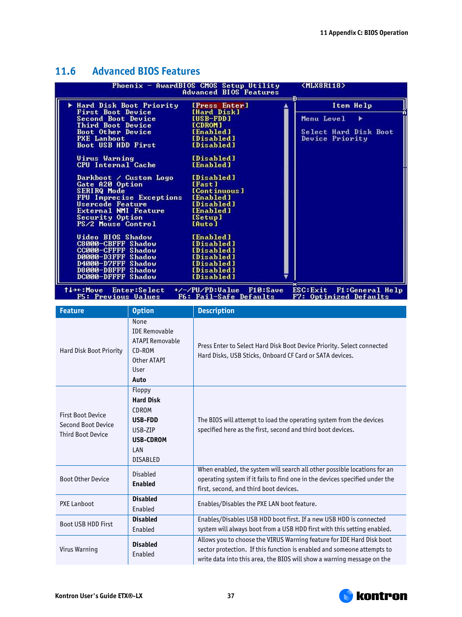 Advanced bios features, 6 advanced bios features | Kontron ETX-LX User Manual | Page 37 / 71