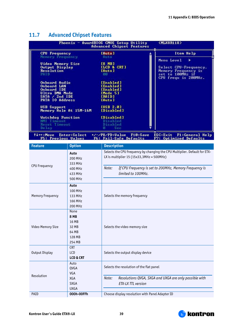 Advanced chipset features, 7 advanced chipset features | Kontron ETX-LX User Manual | Page 39 / 71