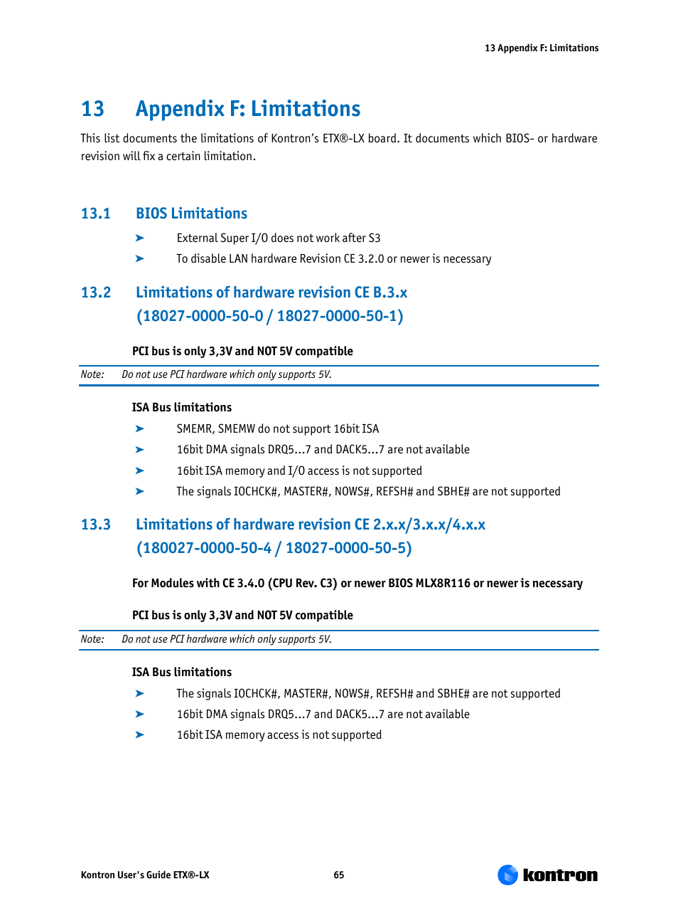 Appendix f: limitations, Bios limitations, 13 appendix f: limitations | 1 bios limitations | Kontron ETX-LX User Manual | Page 65 / 71