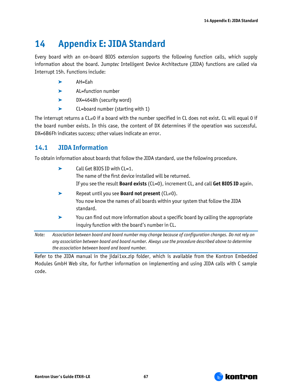 Appendix e: jida standard, Jida information, 14 appendix e: jida standard | 1 jida information | Kontron ETX-LX User Manual | Page 67 / 71
