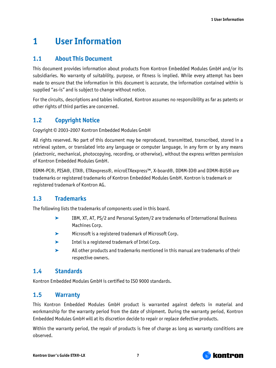 User information, About this document, Copyright notice | Trademarks, Standards, Warranty, 1user information, 1 about this document, 2 copyright notice, 3 trademarks | Kontron ETX-LX User Manual | Page 7 / 71