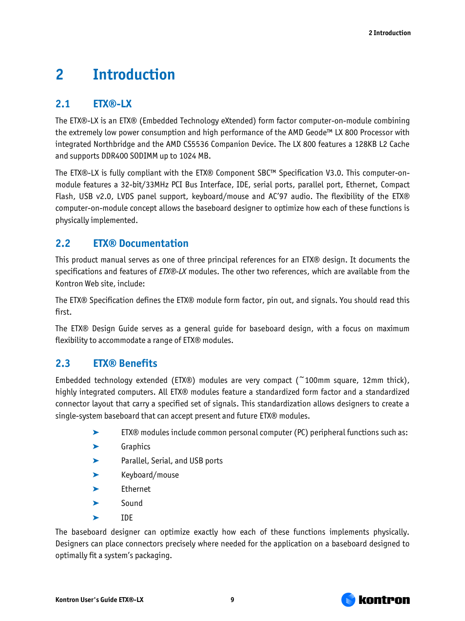 Introduction, Etx®-lx, Etx® documentation | Etx® benefits, 2introduction, 1 etx®-lx, 2 etx® documentation, 3 etx® benefits | Kontron ETX-LX User Manual | Page 9 / 71
