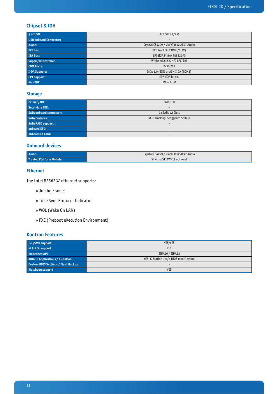Chipset & ioh, Storage, Onboard devices | Ethernet, Kontron features, Etx®-cd / specification | Kontron ETX-CD User Manual | Page 11 / 88