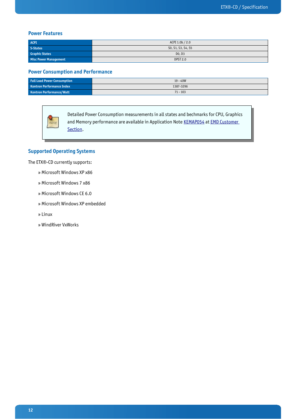 Power features, Power consumption and performance, Supported operating systems | Kontron ETX-CD User Manual | Page 12 / 88