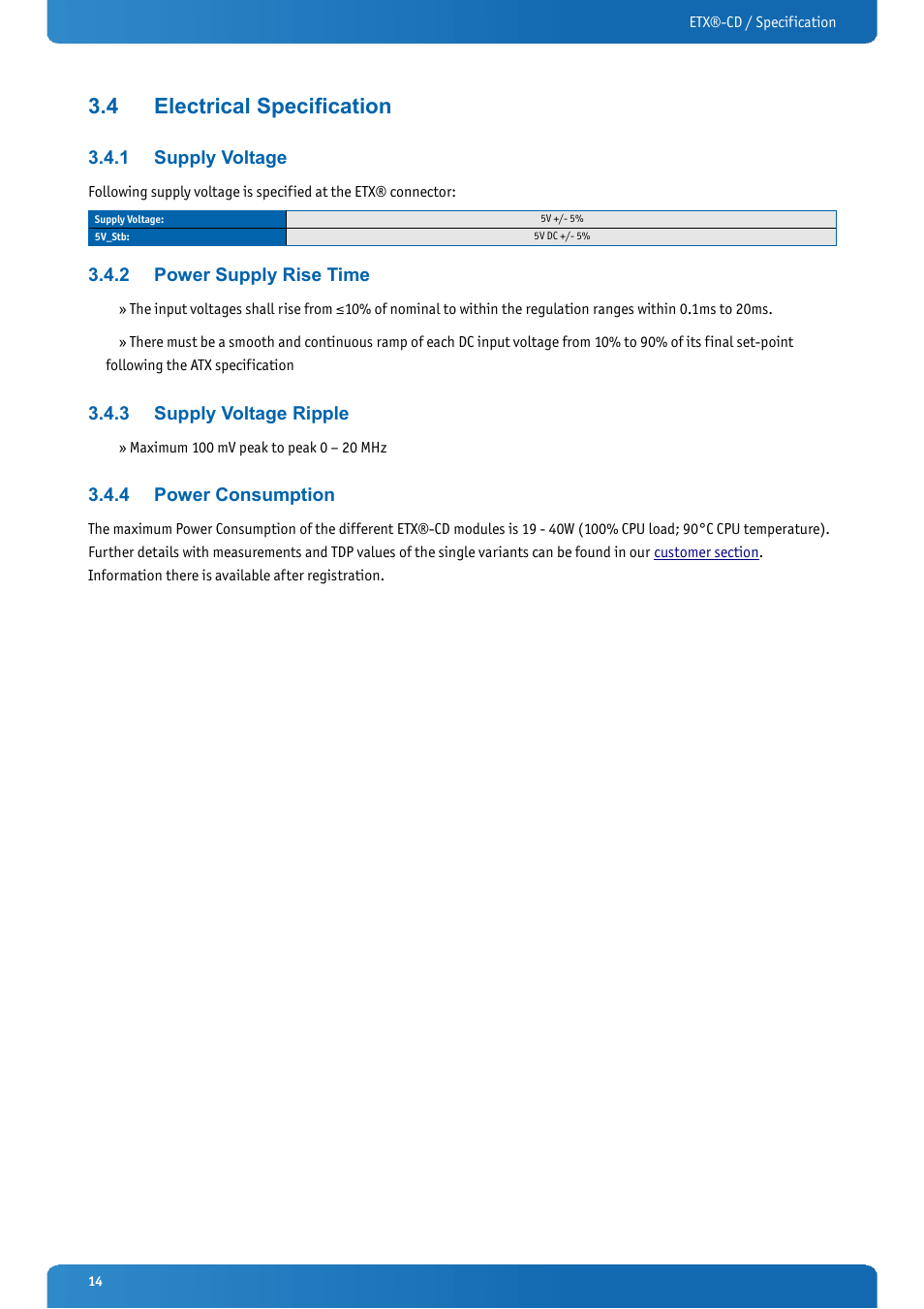 4 electrical specification, 1 supply voltage, 2 power supply rise time | 3 supply voltage ripple, 4 power consumption, Electrical specification, Supply voltage, Power supply rise time, Supply voltage ripple, Power consumption | Kontron ETX-CD User Manual | Page 14 / 88